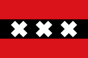 Amsterdams flagga med tre vita kors Amsterdams flagga med tre vita Sankt Andreas-kors på ett svart horisontellt band mellan röda band, symboliserar staden.