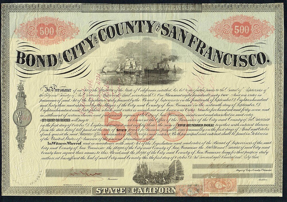 San Francisco City County Bond Certificate 1862 Historiskt obligationscertifikat från 1862 från City and County of San Francisco, Kalifornien, värderat till femhundra dollar med vintage skeppsillustrationer.
