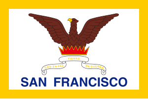 Flagga för San Francisco med en brun örn med utsträckta vingar, en krona och mottot 'Oro en Paz, Fierro en Guerra'.