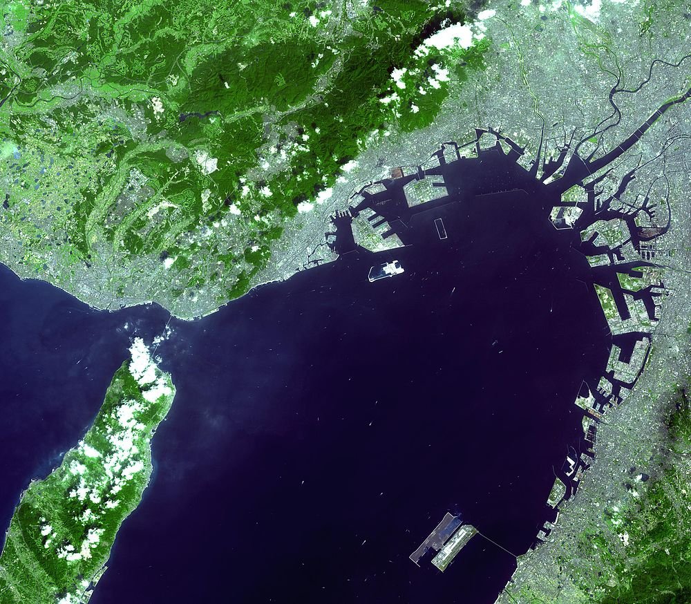 Satellitbild av kuststad med hamn och berg Satellitvy av en stor kuststad med omfattande hamnanläggningar och omgivande gröna bergiga områden