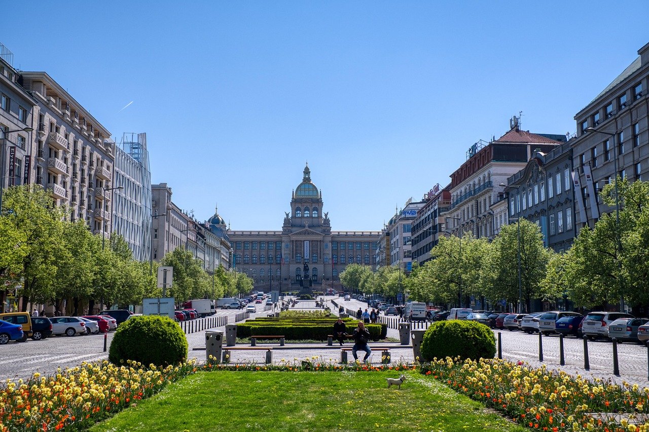 Bred vy av en historisk europeisk stadsgata med gröna träd, färgglada blommor, parkerade bilar och en storslagen byggnad med kupol