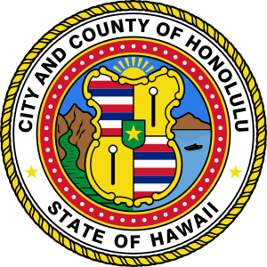 Officiellt sigill för City and County of Honolulu, Hawaii med ökarta, berg, hav och statssymboler