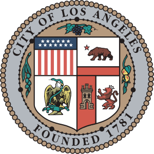 Staden Los Angeles officiella sigill grundad 1781 Officiellt sigill för staden Los Angeles med amerikansk flagga, björn, örn, slott och lejon symboler med grundåret 1781