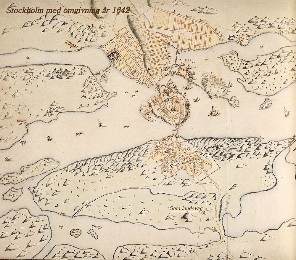 Stockholms karta och omgivningar 1642 Historisk karta över Stockholm och omgivningar 1642 som visar gammal stadsplan, vattenvägar och vägar inklusive Göta landsväg.