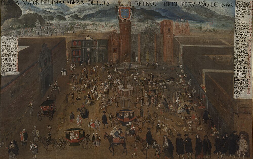 Målning från 1680 av Limas huvudtorg med marknad och människor Historisk målning från 1680 av Limas huvudtorg med kolonial arkitektur, marknadsförsäljare, vagnar och stadsbor i traditionella kläder