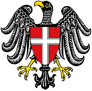Svart örn med Milanos stadssköld emblem Svart örn med gul näbb och klor som håller en röd sköld med ett vitt kors, symbol för staden Milano, Italien