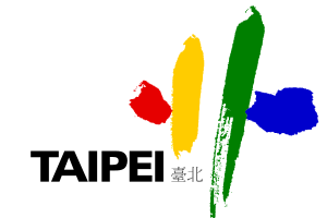 Färgglad Taipei stad logo med röda, gula, gröna och blå penseldrag som representerar Taiwans huvudstad Taipei.