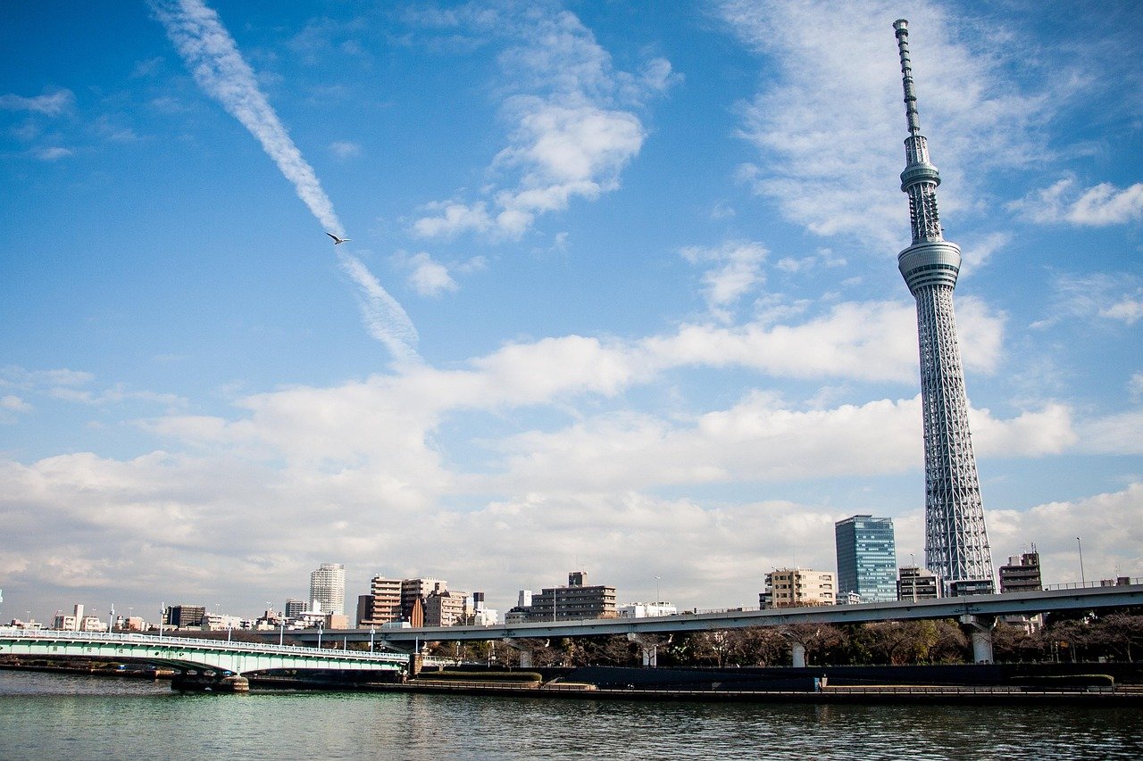 Tokyo stadssilhuett med Tokyo Skytree torn, flod, broar och blå himmel med moln och en fågel som flyger