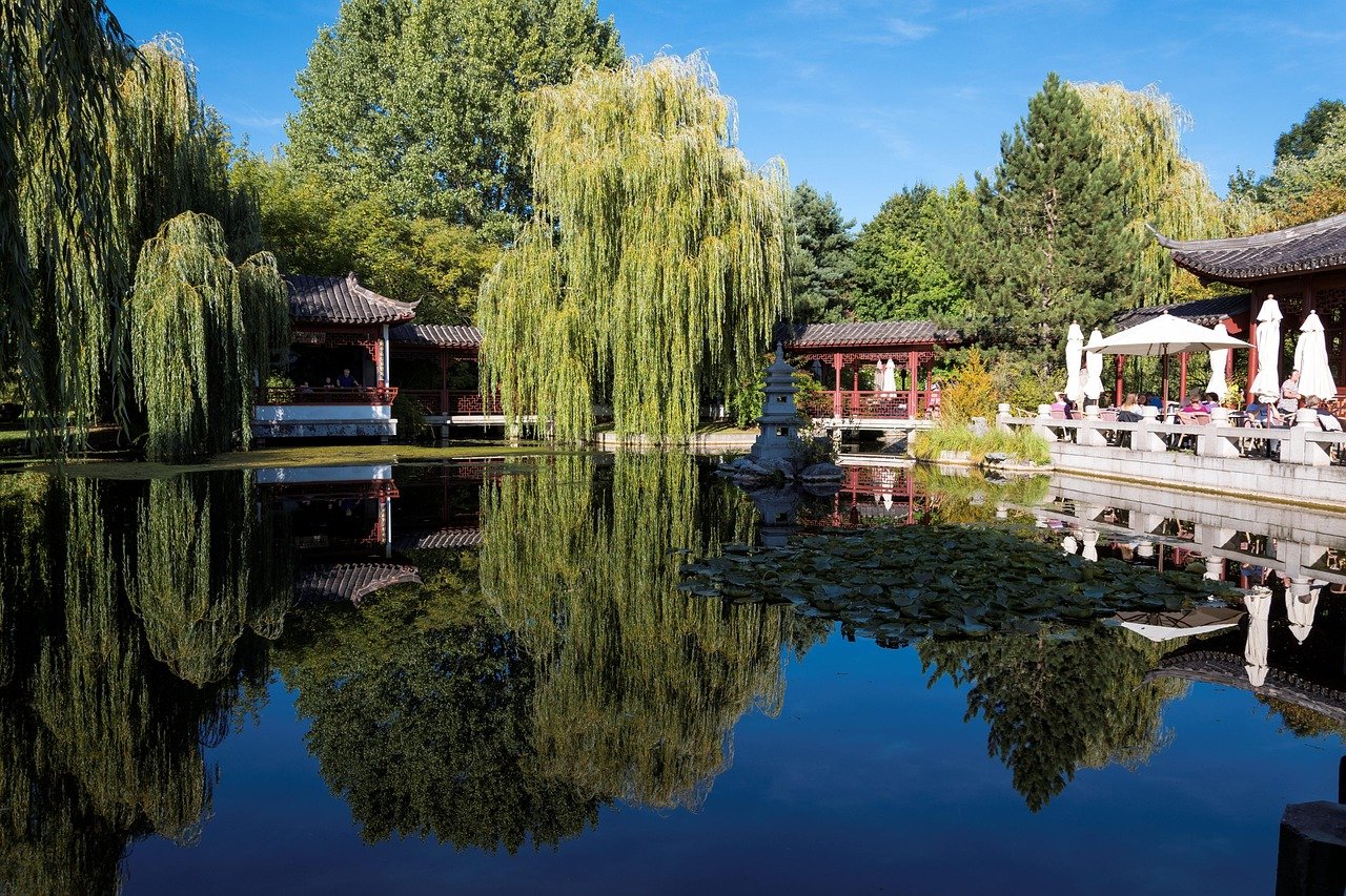 Fridfull japansk trädgård med traditionell arkitektur, pilträd och lugn damm som speglar landskapet på en solig dag