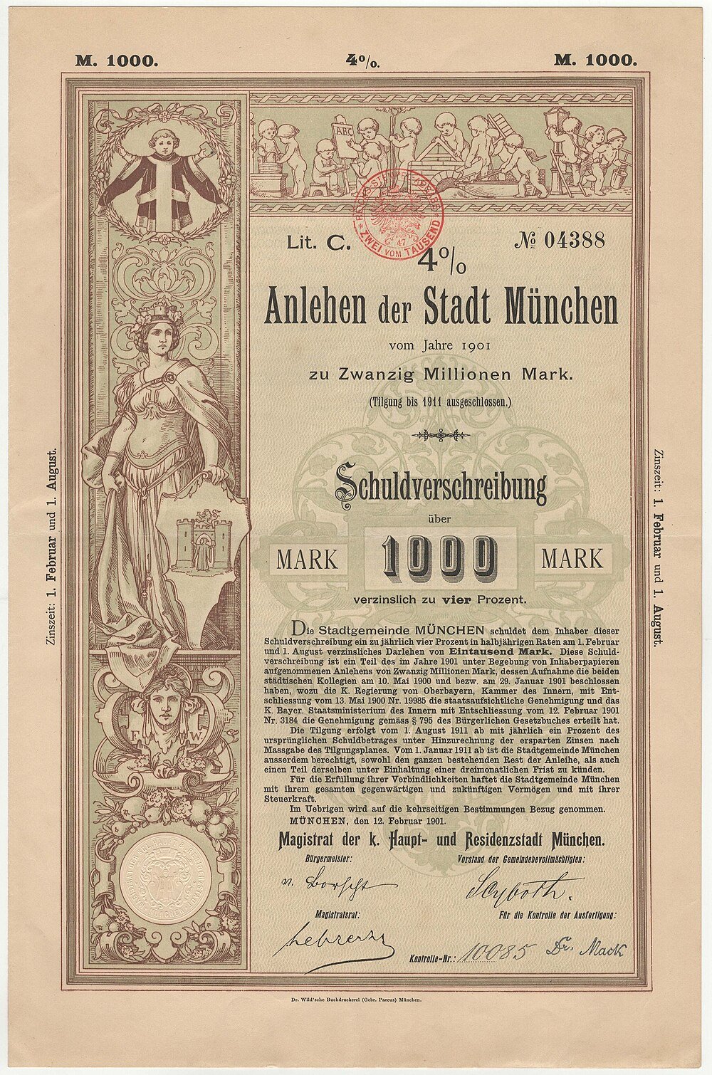 1901 München stadsobligation för 1000 mark Historiskt 1901 München stadsobligation för 1000 mark med 4% ränta, detaljerad vintage design och officiella signaturer.