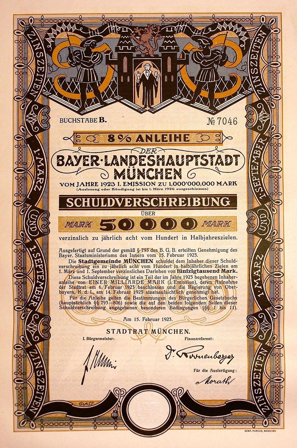 1923 München tysk obligationscertifikat med 8% ränta 1923 tysk obligationscertifikat från München med 8% ränta, utsmyckad design och signaturer, utfärdat av Bayer Landeshauptstadt München.