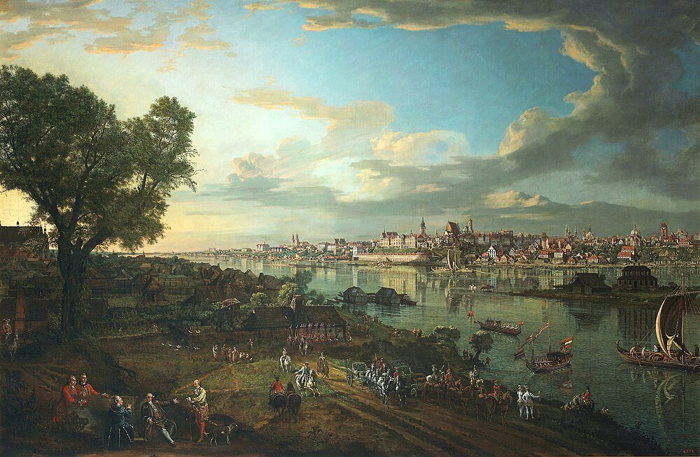 Historisk europeisk flodnära stadsbild med båtar och ryttare Historisk panoramavy av en europeisk flodnära stad med båtar, ryttare och människor i 1700-talskläder