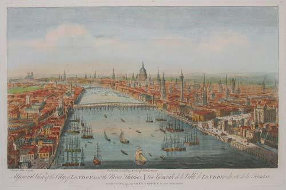 Historisk vy över London med floden Themsen och fartyg Historisk panoramavy över London stad med floden Themsen, många segelfartyg och ikoniska byggnader under en klar himmel
