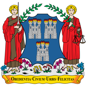 Vapen med flammande torn och kvinnliga figurer Vapen med tre flammande stenstorn, två kvinnliga figurer i röda kläder som håller ett svärd och våg, och ett latinskt motto
