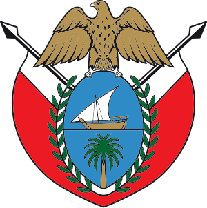 Vapen för Trinidad och Tobago med en gyllene örn, två spjut, ett segelfartyg och en palm på en röd och vit sköld.