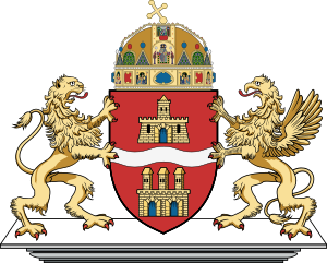 Heraldisk vapensköld med lejon och grip som stöd Vapen med en krönt sköld med slott, stödd av ett lejon och en grip, som symboliserar styrka och arv.