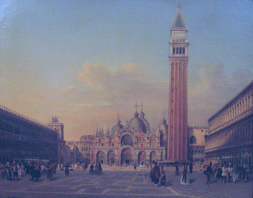 Markusplatsen Venedig med Kampanilen och Markuskyrkan Markusplatsen i Venedig med Kampanilen och Markuskyrkan, full av människor under solnedgången.