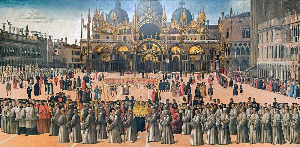 Religiös procession vid Markuskyrkan Venedig Historisk målning av en stor religiös procession framför Markuskyrkan i Venedig med präster och åskådare