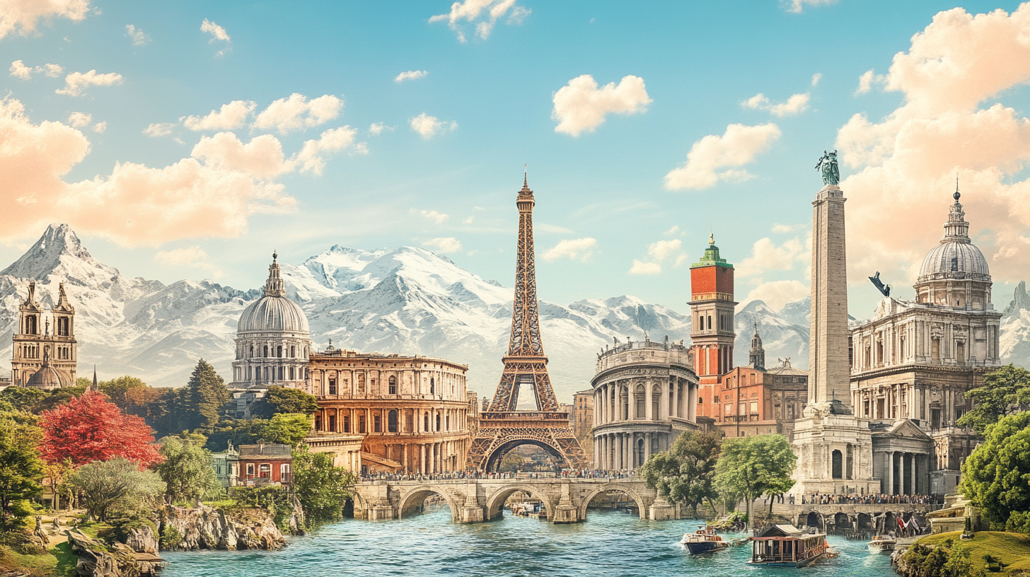 Berömda europeiska landmärken med berg och flod Berömda europeiska landmärken inklusive Eiffeltornet, Colosseum och historiska byggnader med berg och flodlandskap