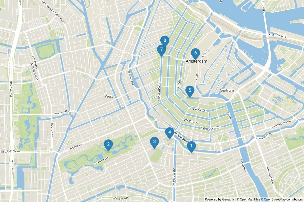 Karta över sevärdheter i Amsterdam — 8 sevärdheter i 1 kluster; dagsutflykter i tabellen