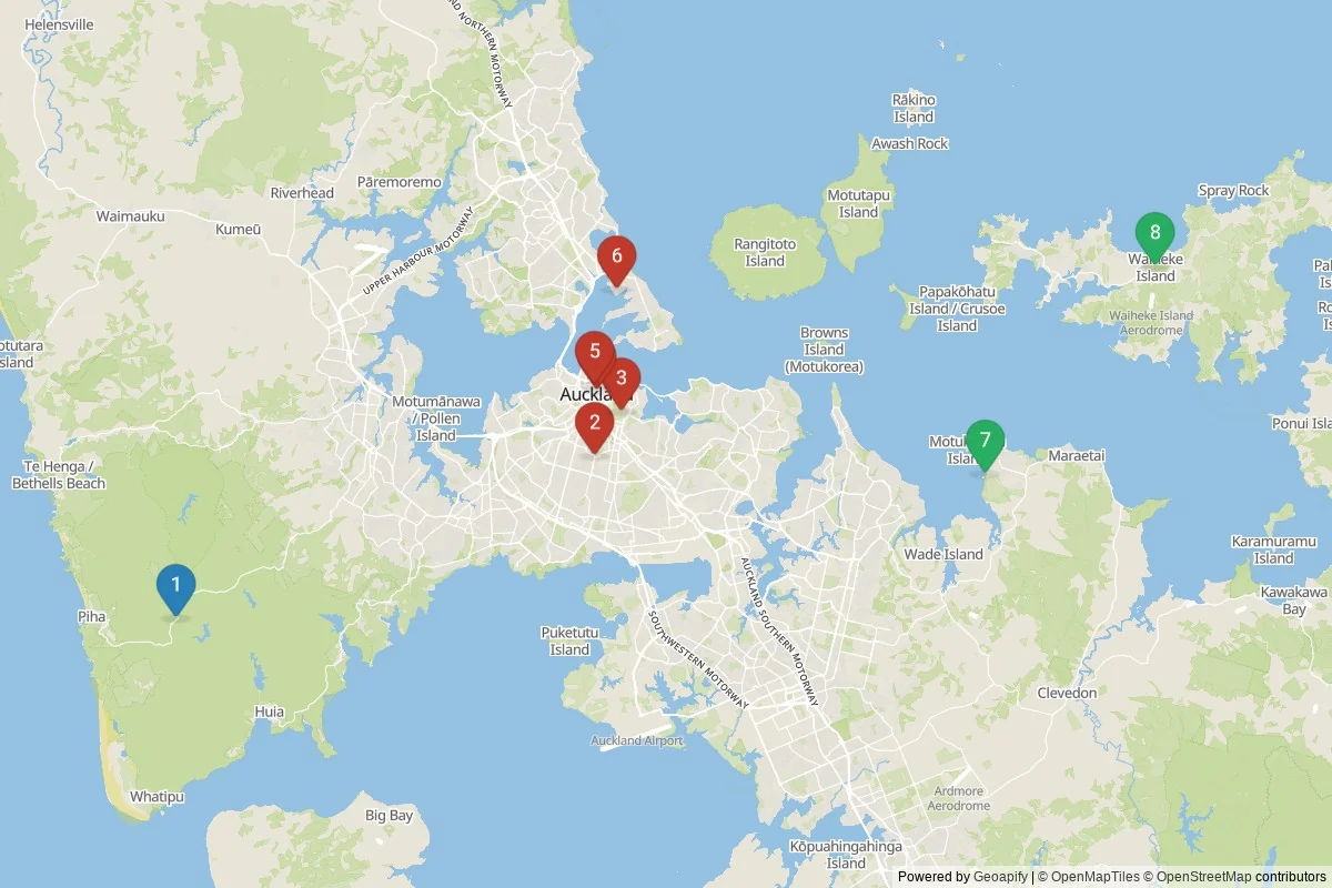 Karta över sevärdheter i Auckland — 8 sevärdheter i 3 kluster; dagsutflykter i tabellen