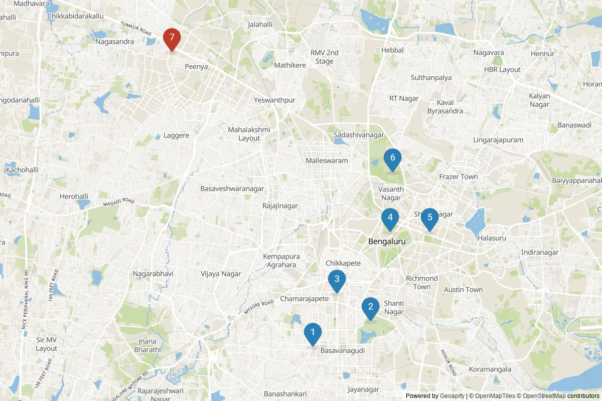 Karta över sevärdheter i Bangalore — 7 sevärdheter i 2 kluster; dagsutflykter i tabellen