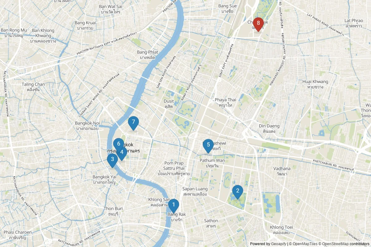 Karta över sevärdheter i Bangkok — 8 sevärdheter i 2 kluster; dagsutflykter i tabellen