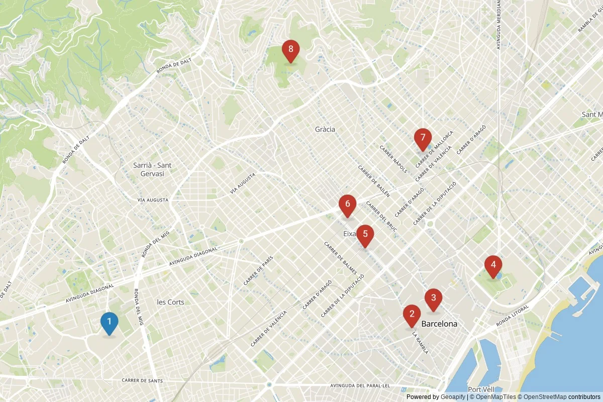 Karta över sevärdheter i Barcelona — 8 sevärdheter i 2 kluster; dagsutflykter i tabellen