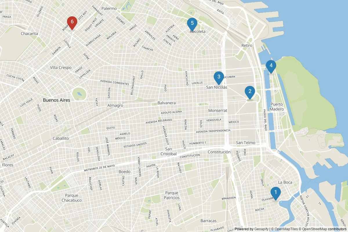 Karta över sevärdheter i Buenos Aires — 6 sevärdheter i 2 kluster; dagsutflykter i tabellen