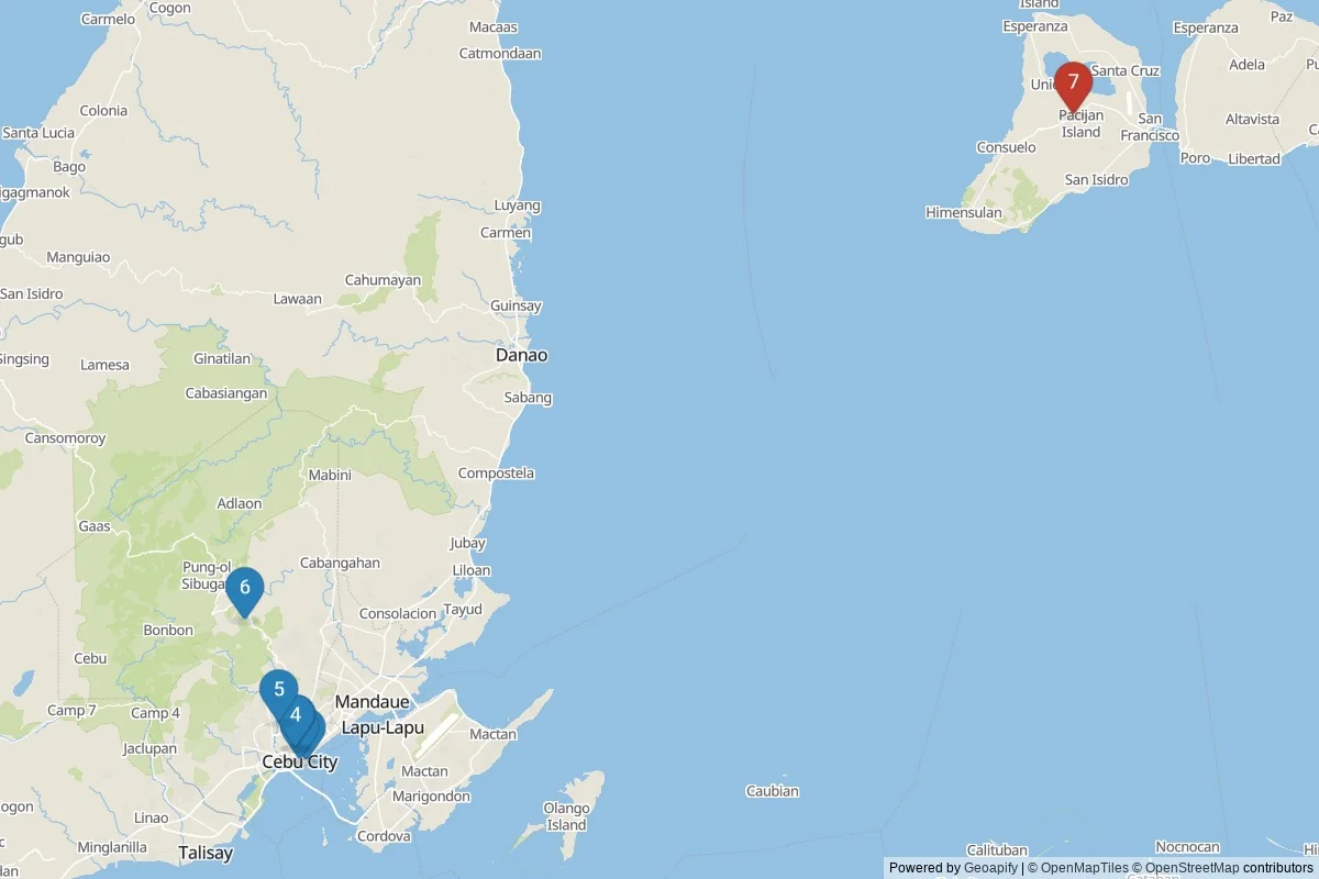 Karta över sevärdheter i Cebu — 7 sevärdheter i 2 kluster; dagsutflykter i tabellen
