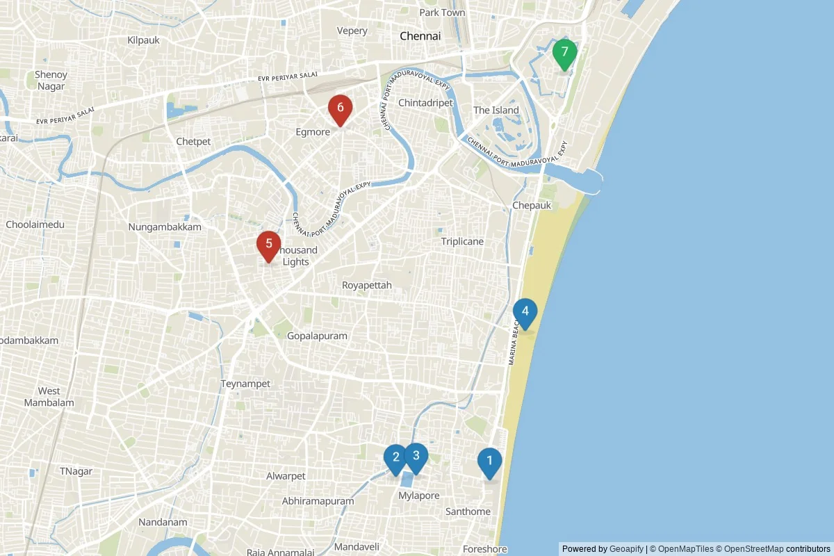 Karta över sevärdheter i Chennai — 7 sevärdheter i 3 kluster; dagsutflykter i tabellen
