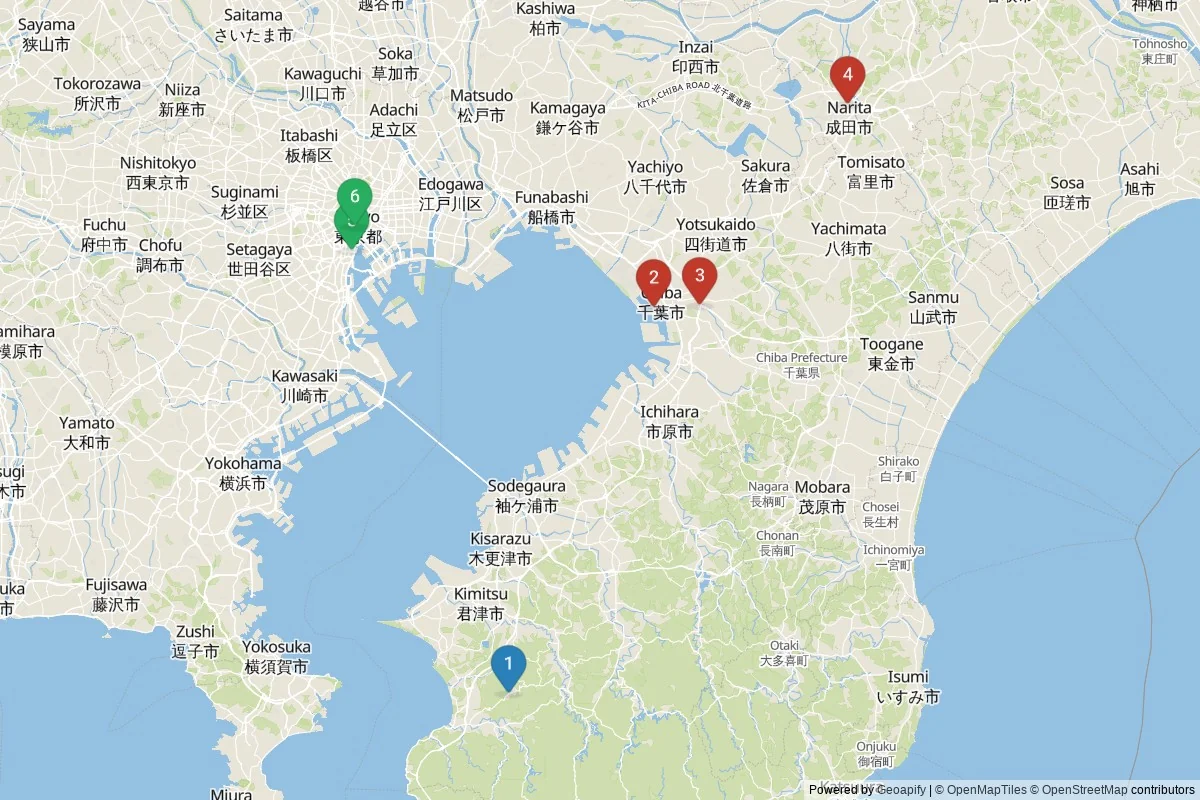 Karta över sevärdheter i Chiba — 6 sevärdheter i 3 kluster; dagsutflykter i tabellen
