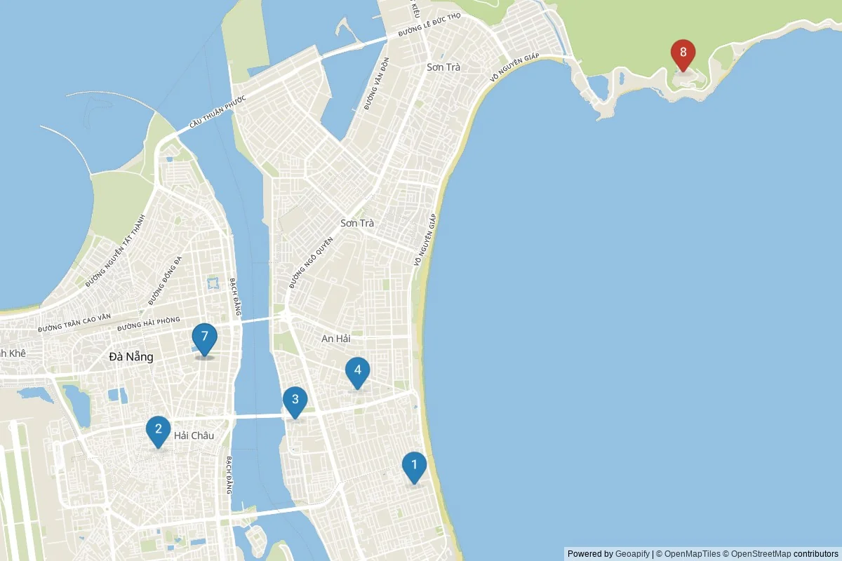 Karta över sevärdheter i Da Nang — 8 sevärdheter i 2 kluster; dagsutflykter i tabellen
