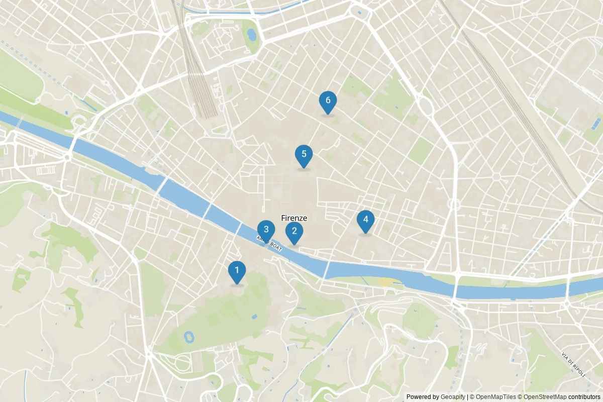 Karta över sevärdheter i Florens — 6 sevärdheter i 1 kluster; dagsutflykter i tabellen
