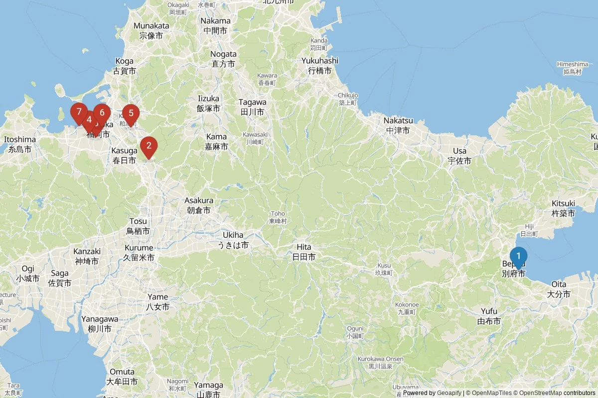 Karta över sevärdheter i Fukuoka — 7 sevärdheter i 2 kluster; dagsutflykter i tabellen