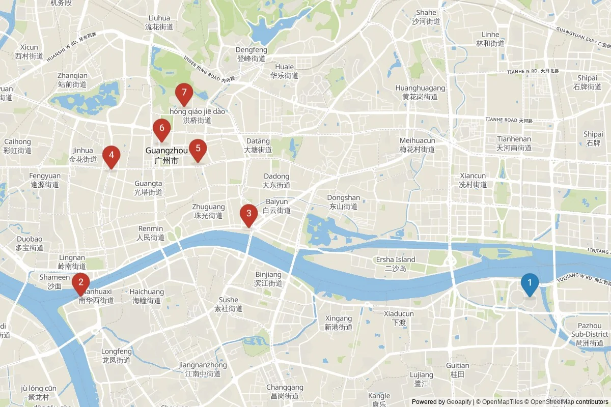 Karta över sevärdheter i Guangzhou — 7 sevärdheter i 2 kluster; dagsutflykter i tabellen