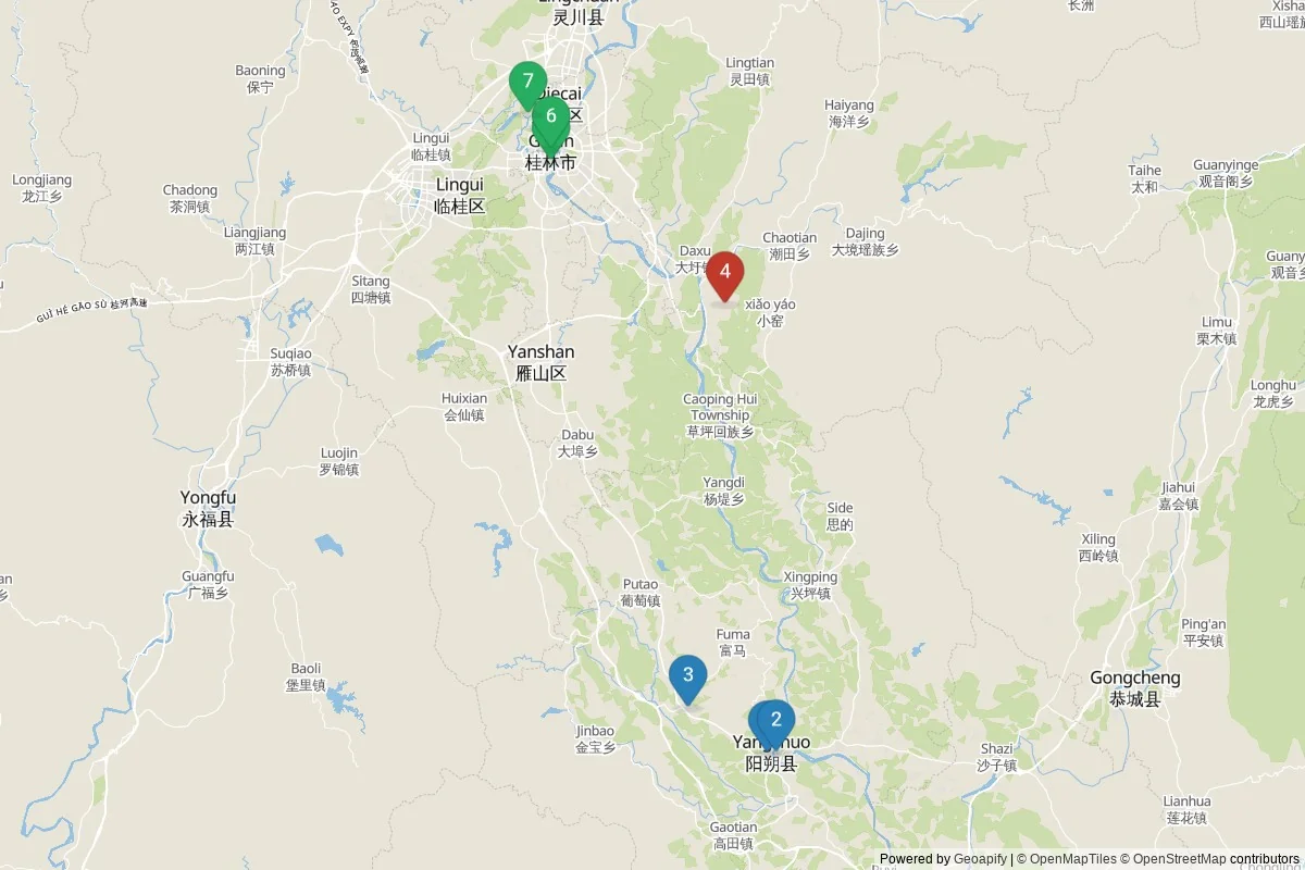 Karta över sevärdheter i Guilin — 7 sevärdheter i 3 kluster; dagsutflykter i tabellen