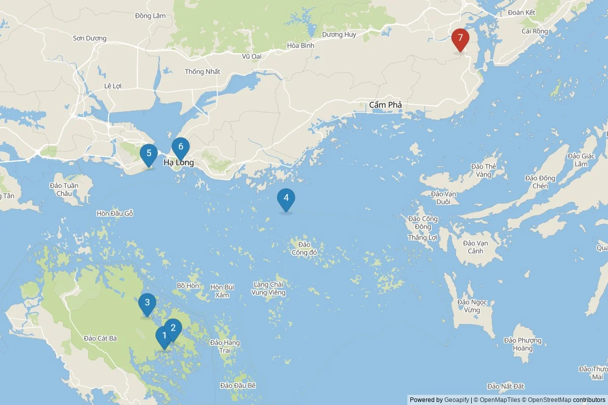Karta över sevärdheter i Ha Long — 7 sevärdheter i 2 kluster; dagsutflykter i tabellen