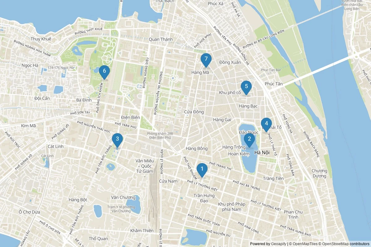 Karta över sevärdheter i Hanoi — 7 sevärdheter i 1 kluster; dagsutflykter i tabellen