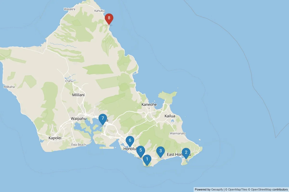 Karta över sevärdheter i Honolulu — 8 sevärdheter i 2 kluster; dagsutflykter i tabellen