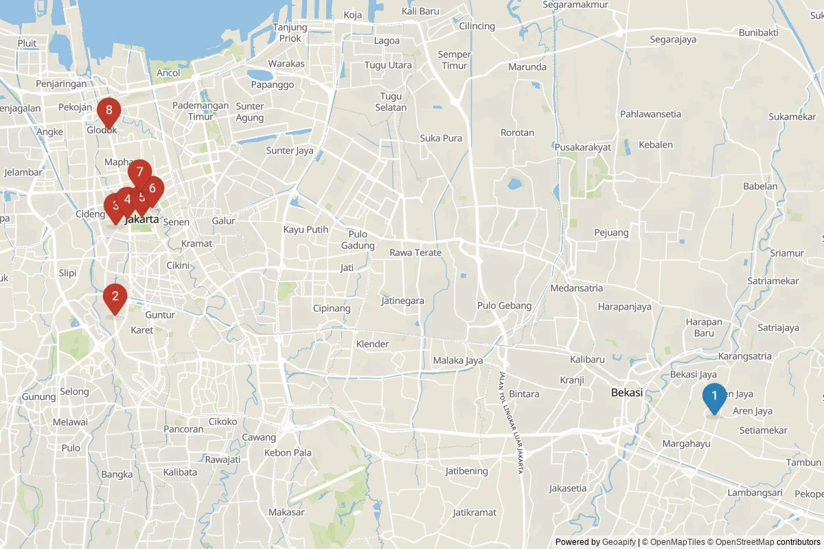 Karta över sevärdheter i Jakarta — 8 sevärdheter i 2 kluster; dagsutflykter i tabellen