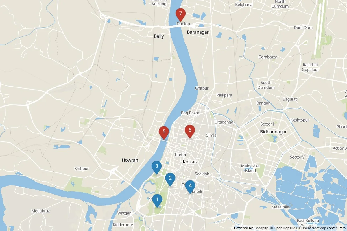 Karta över sevärdheter i Kolkata — 7 sevärdheter i 2 kluster; dagsutflykter i tabellen