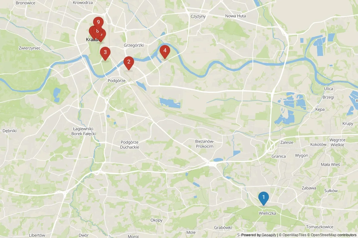 Karta över sevärdheter i Kraków — 9 sevärdheter i 2 kluster; dagsutflykter i tabellen