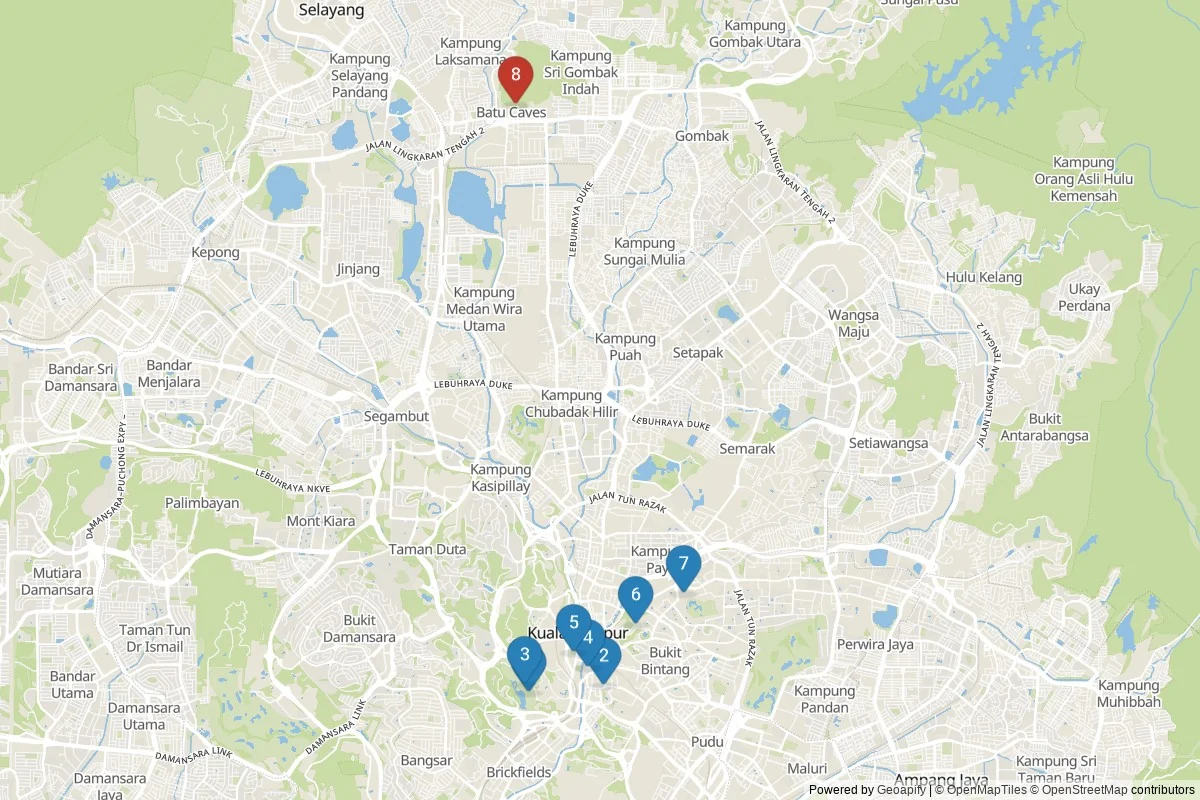 Karta över sevärdheter i Kuala Lumpur — 8 sevärdheter i 2 kluster; dagsutflykter i tabellen