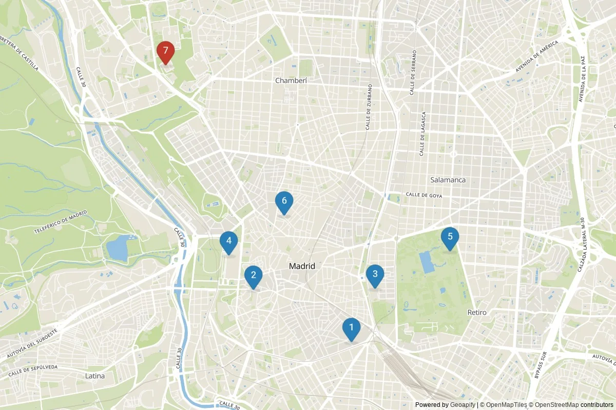 Karta över sevärdheter i Madrid — 7 sevärdheter i 2 kluster; dagsutflykter i tabellen