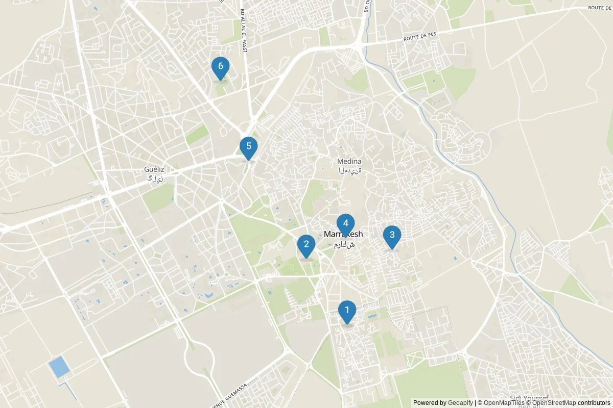 Karta över sevärdheter i Marrakech — 6 sevärdheter i 1 kluster; dagsutflykter i tabellen