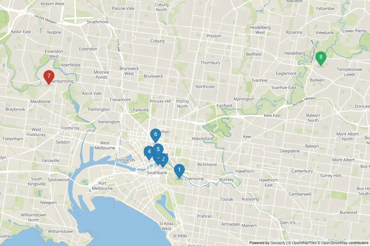 Karta över sevärdheter i Melbourne — 8 sevärdheter i 3 kluster; dagsutflykter i tabellen