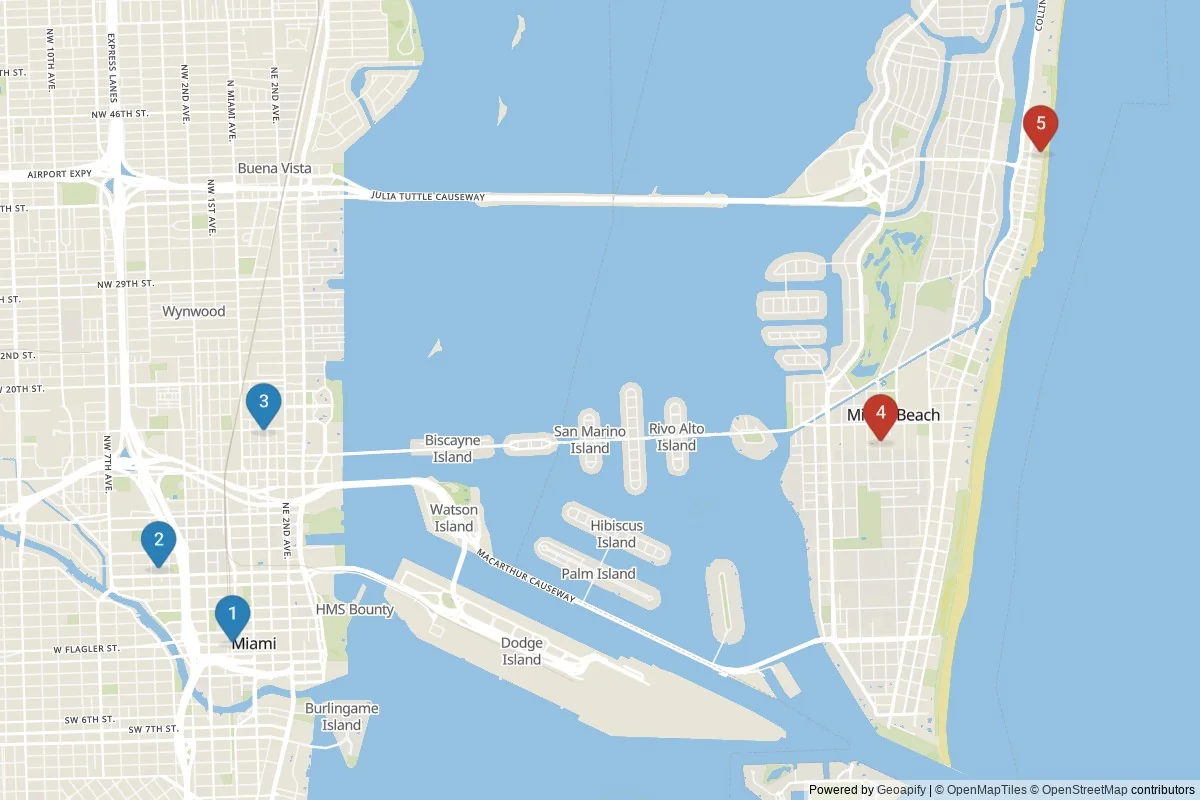 Karta över sevärdheter i Miami — 5 sevärdheter i 2 kluster; dagsutflykter i tabellen