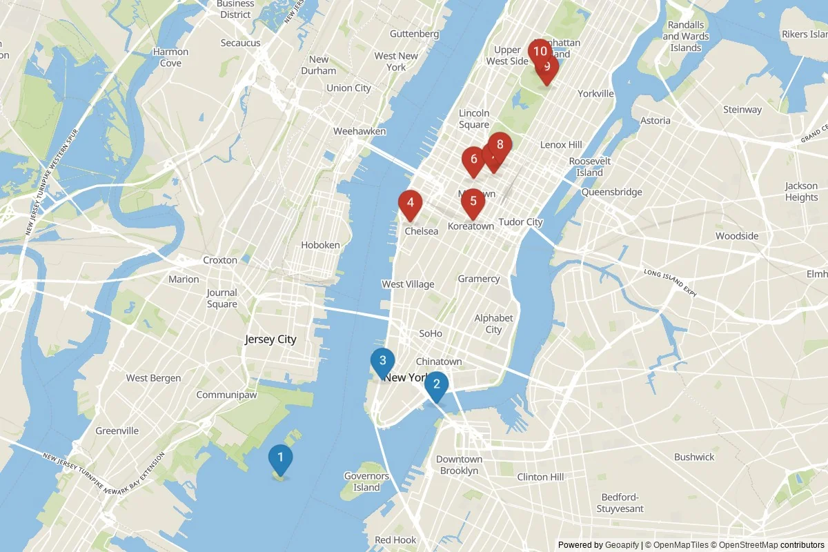 Karta över sevärdheter i New York — 10 sevärdheter i 2 kluster; dagsutflykter i tabellen