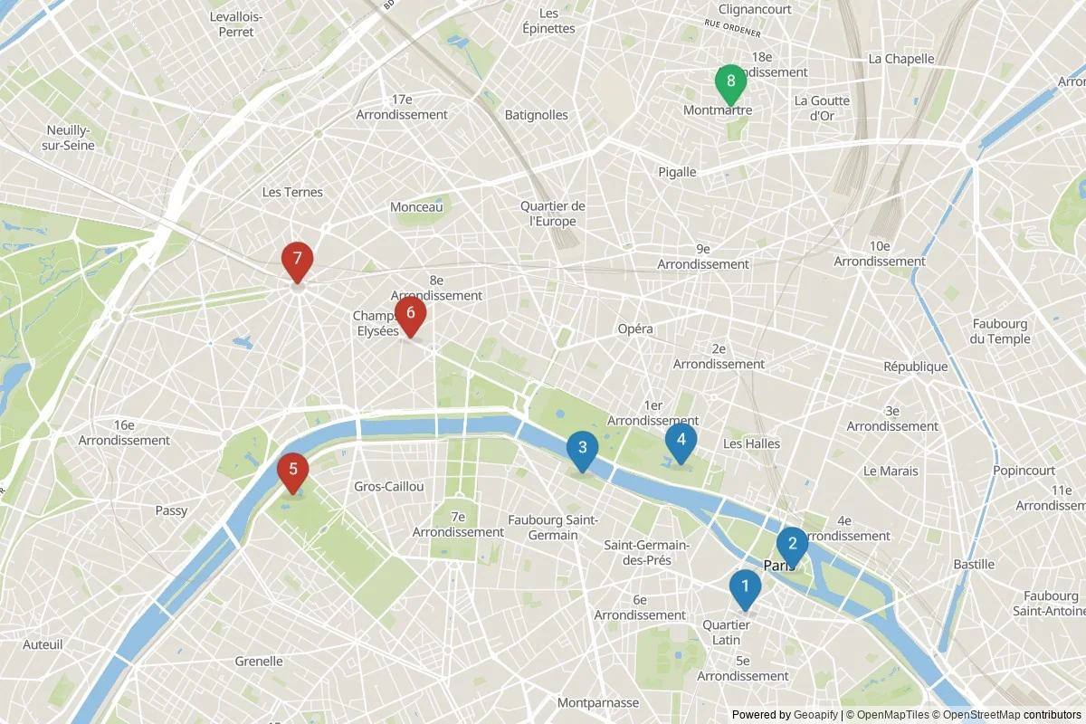 Karta över sevärdheter i Paris — 8 sevärdheter i 3 kluster; dagsutflykter i tabellen